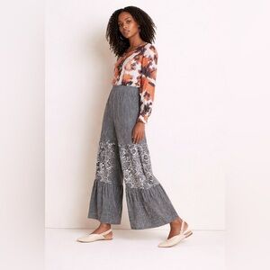 Anthropologie Oceana Blooming Print Wide Leg Pants Black White Boho Tiered 4